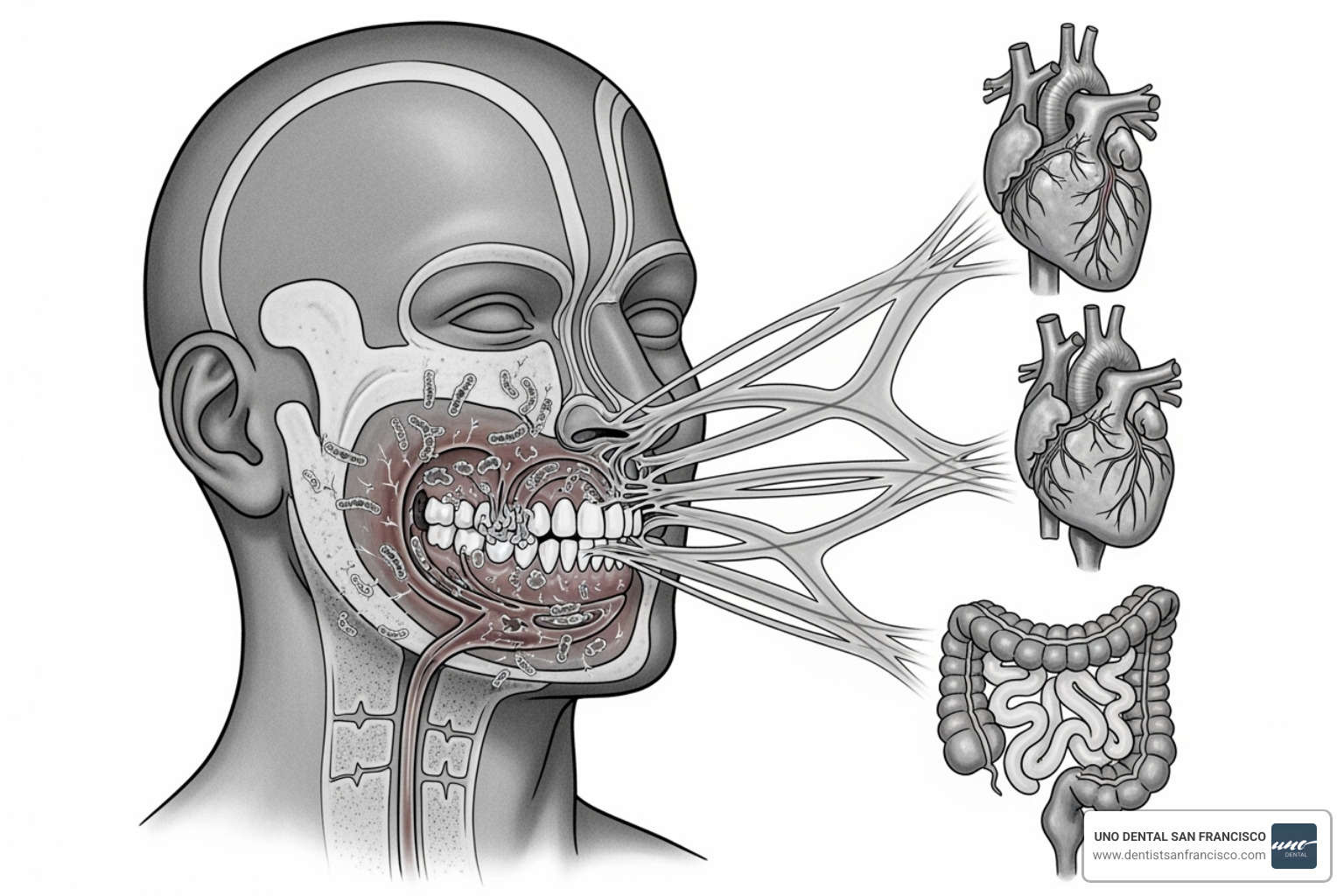 Illustration showing the link between oral bacteria and systemic health issues like heart and gut health - Holistic approach dentistry Illustration showing the link between oral bacteria and systemic health issues like heart and gut health - Holistic approach dentistry