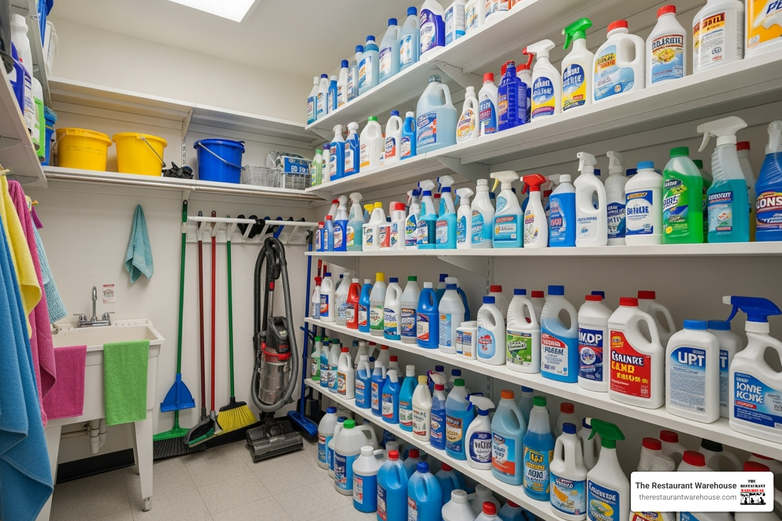 janitorial closet with chemicals - Commercial cleaning chemicals