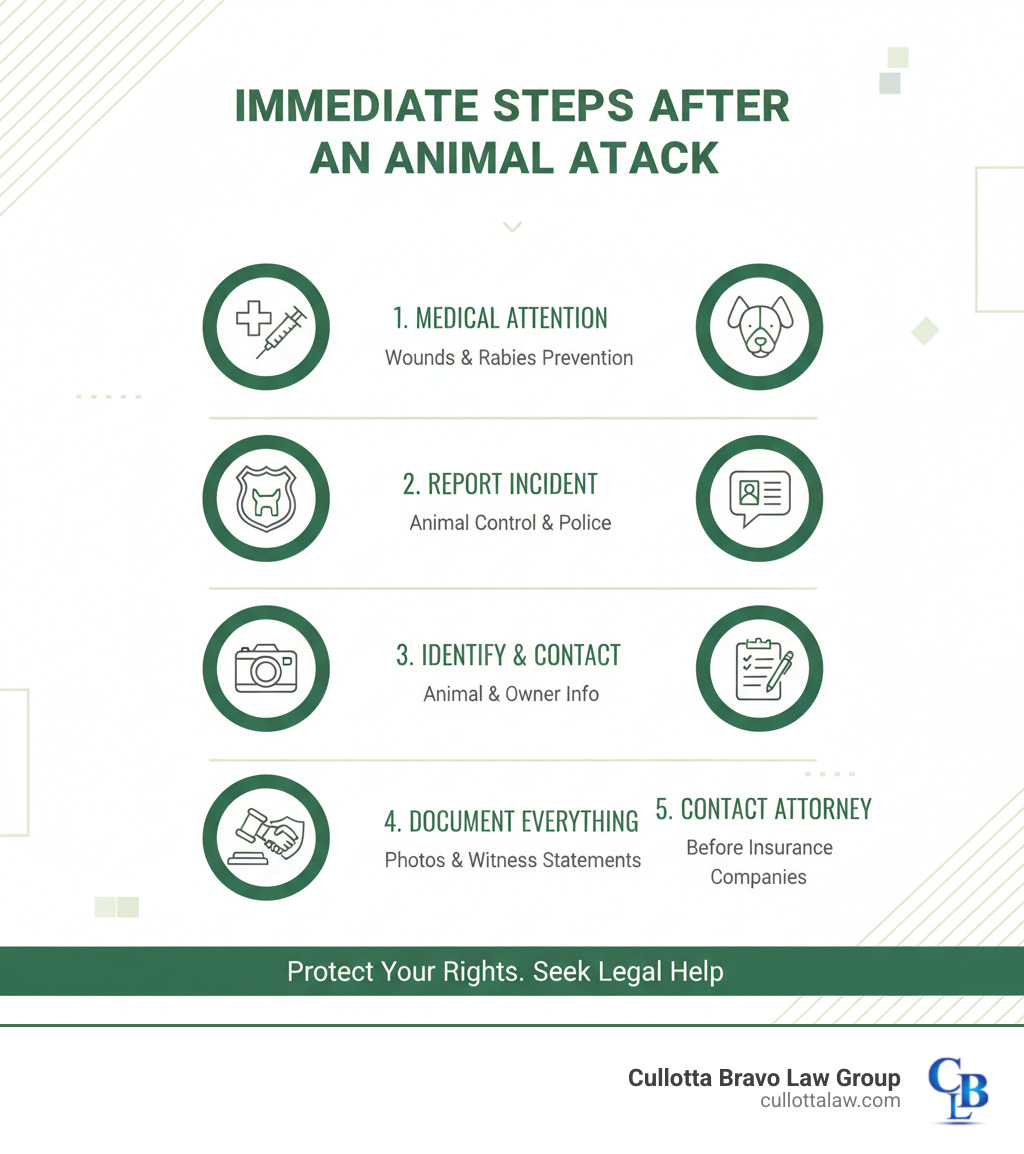 Infographic showing 5 immediate steps after an animal attack: 1. Get medical attention immediately for wounds and rabies prevention, 2. Report the incident to Animal Control and police, 3. Identify the animal and owner with contact information, 4. Document everything with photos of injuries and scene plus witness statements, 5. Contact an experienced animal attack attorney before speaking to insurance companies - animal attack attorney near me infographic 