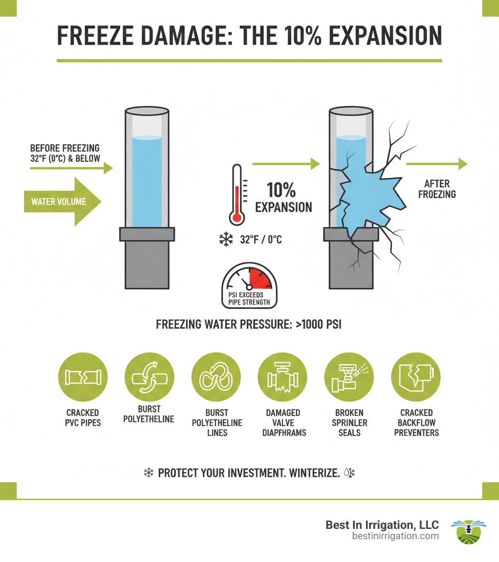Detailed infographic showing how water expands approximately 10% when freezing, illustrated with a cross-section of a sprinkler pipe before and after freezing. Shows specific damage points including cracked PVC pipes, burst polyethylene lines, damaged valve diaphragms, broken sprinkler head seals, and cracked backflow preventer bodies. Includes temperature scale showing damage occurs at 32°F and below, with visual representations of expansion pressure measured in PSI that exceeds pipe material strength. - Winterizing Sprinkler Systems infographic Detailed infographic showing how water expands approximately 10% when freezing, illustrated with a cross-section of a sprinkler pipe before and after freezing. Shows specific damage points including cracked PVC pipes, burst polyethylene lines, damaged valve diaphragms, broken sprinkler head seals, and cracked backflow preventer bodies. Includes temperature scale showing damage occurs at 32°F and below, with visual representations of expansion pressure measured in PSI that exceeds pipe material strength. - Winterizing Sprinkler Systems infographic