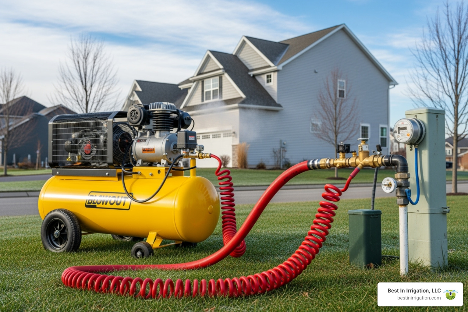 An air compressor connected to a residential automatic inground sprinkler system's blow-out port - Winterizing Sprinkler Systems An air compressor connected to a residential automatic inground sprinkler system's blow-out port - Winterizing Sprinkler Systems