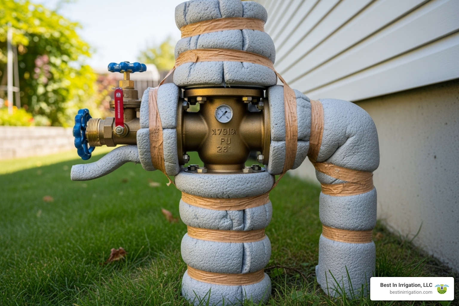 An insulated backflow preventer on an automatic inground irrigation system, wrapped in protective foam and tape - Winterizing Sprinkler Systems An insulated backflow preventer on an automatic inground irrigation system, wrapped in protective foam and tape - Winterizing Sprinkler Systems