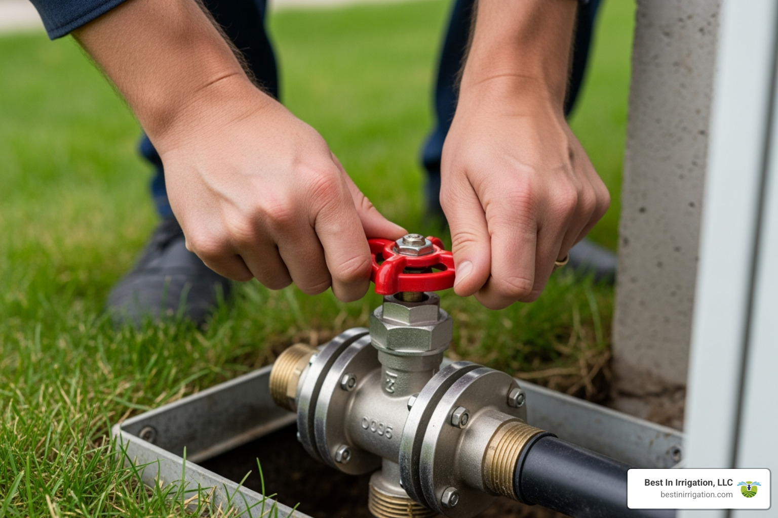 Homeowner turning off the main water shut-off valve for an automatic inground irrigation system - Winterizing Sprinkler Systems Homeowner turning off the main water shut-off valve for an automatic inground irrigation system - Winterizing Sprinkler Systems
