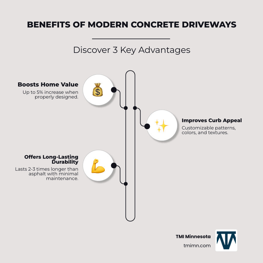 Benefits of Modern Concrete Driveways infographic showing three key advantages: 1) Boosts Home Value by up to 5 percent when properly designed, 2) Dramatically Improves Curb Appeal with customizable patterns colors and textures, 3) Offers Long-Lasting Durability with proper installation lasting two to three times longer than asphalt with minimal maintenance requirements - concrete driveways ideas designs infographic infographic-line-3-steps-elegant_beige Benefits of Modern Concrete Driveways infographic showing three key advantages: 1) Boosts Home Value by up to 5 percent when properly designed, 2) Dramatically Improves Curb Appeal with customizable patterns colors and textures, 3) Offers Long-Lasting Durability with proper installation lasting two to three times longer than asphalt with minimal maintenance requirements - concrete driveways ideas designs infographic infographic-line-3-steps-elegant_beige