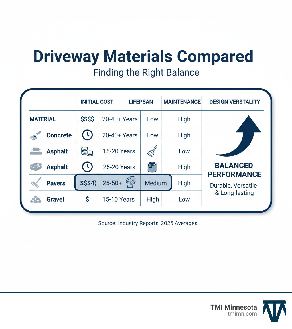 Comparison of Driveway Materials infographic showing a table comparing Concrete, Asphalt, Pavers, and Gravel across four key factors: Initial Cost, Lifespan, Maintenance, and Design Versatility, highlighting Concrete's balanced performance - concrete driveways ideas designs infographic Comparison of Driveway Materials infographic showing a table comparing Concrete, Asphalt, Pavers, and Gravel across four key factors: Initial Cost, Lifespan, Maintenance, and Design Versatility, highlighting Concrete's balanced performance - concrete driveways ideas designs infographic