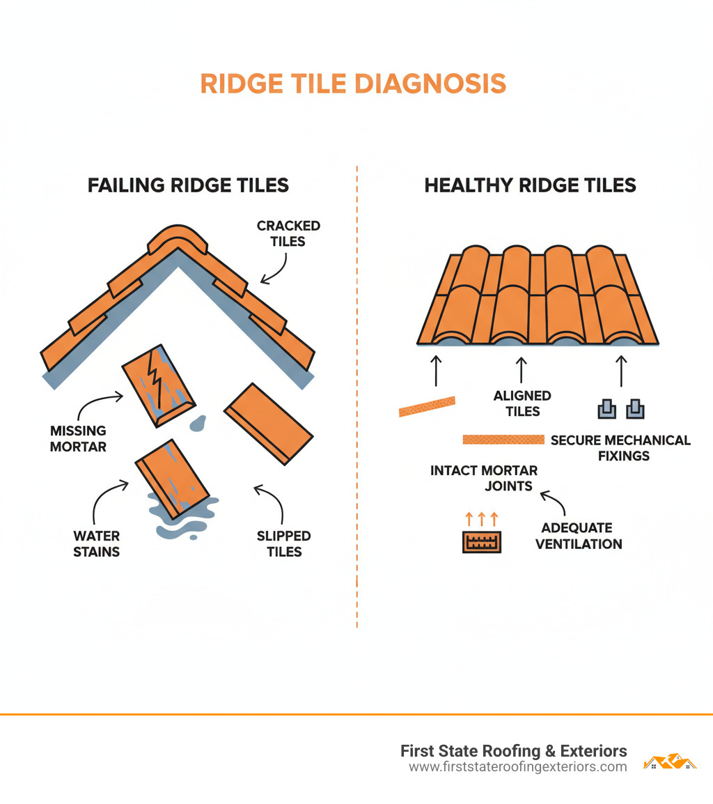 Infographic showing healthy ridge tiles versus failing ridge tiles with labeled issues including cracked tiles, missing mortar, slipped tiles, water stains, and proper installation features like aligned tiles, intact mortar joints, secure mechanical fixings, and adequate ventilation - fixing ridge tiles infographic Infographic showing healthy ridge tiles versus failing ridge tiles with labeled issues including cracked tiles, missing mortar, slipped tiles, water stains, and proper installation features like aligned tiles, intact mortar joints, secure mechanical fixings, and adequate ventilation - fixing ridge tiles infographic