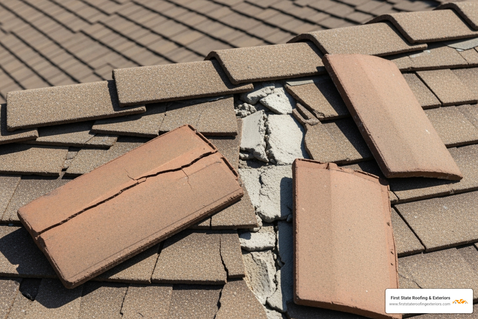 Examples of cracked, slipped, and mortar-deficient ridge tiles - fixing ridge tiles Examples of cracked, slipped, and mortar-deficient ridge tiles - fixing ridge tiles