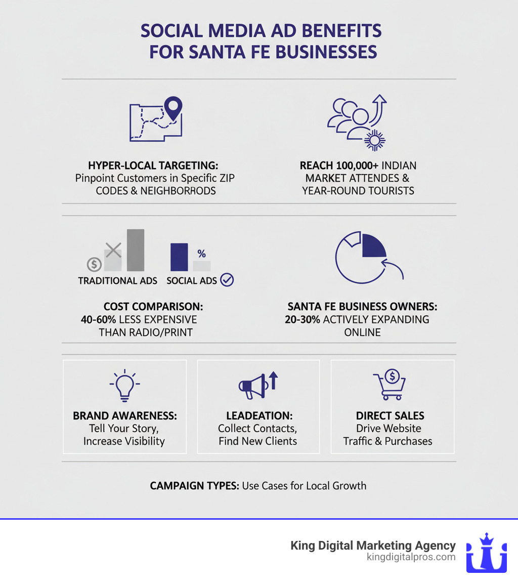 Infographic showing the benefits of social media advertising for Santa Fe businesses: hyper-local targeting within specific zip codes and neighborhoods, ability to reach 100,000+ Santa Fe Indian Market attendees and year-round tourists, cost comparison showing social media ads at 40-60% less expensive than traditional radio or print advertising, statistics showing 20-30% of Santa Fe business owners actively seeking to expand online presence, and breakdown of campaign types including brand awareness, lead generation, and direct sales with their specific use cases for local businesses - Social Media Ads Santa Fe infographic Infographic showing the benefits of social media advertising for Santa Fe businesses: hyper-local targeting within specific zip codes and neighborhoods, ability to reach 100,000+ Santa Fe Indian Market attendees and year-round tourists, cost comparison showing social media ads at 40-60% less expensive than traditional radio or print advertising, statistics showing 20-30% of Santa Fe business owners actively seeking to expand online presence, and breakdown of campaign types including brand awareness, lead generation, and direct sales with their specific use cases for local businesses - Social Media Ads Santa Fe infographic