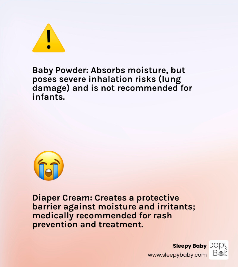 Infographic comparing baby powder which absorbs surface moisture but poses inhalation risks versus diaper cream which creates a protective moisture barrier on skin and is medically recommended for diaper rash prevention and treatment - when to use baby powder and diaper cream infographic 2_facts_emoji_light-gradient