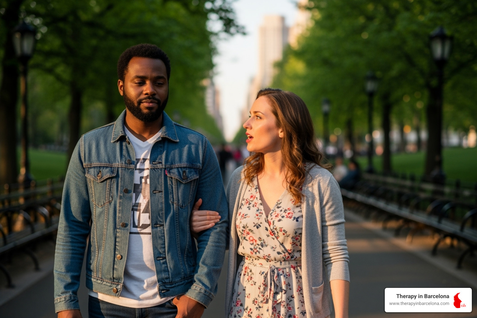 Couple walking together and talking, one looking pensive - therapist relationship issues Couple walking together and talking, one looking pensive - therapist relationship issues