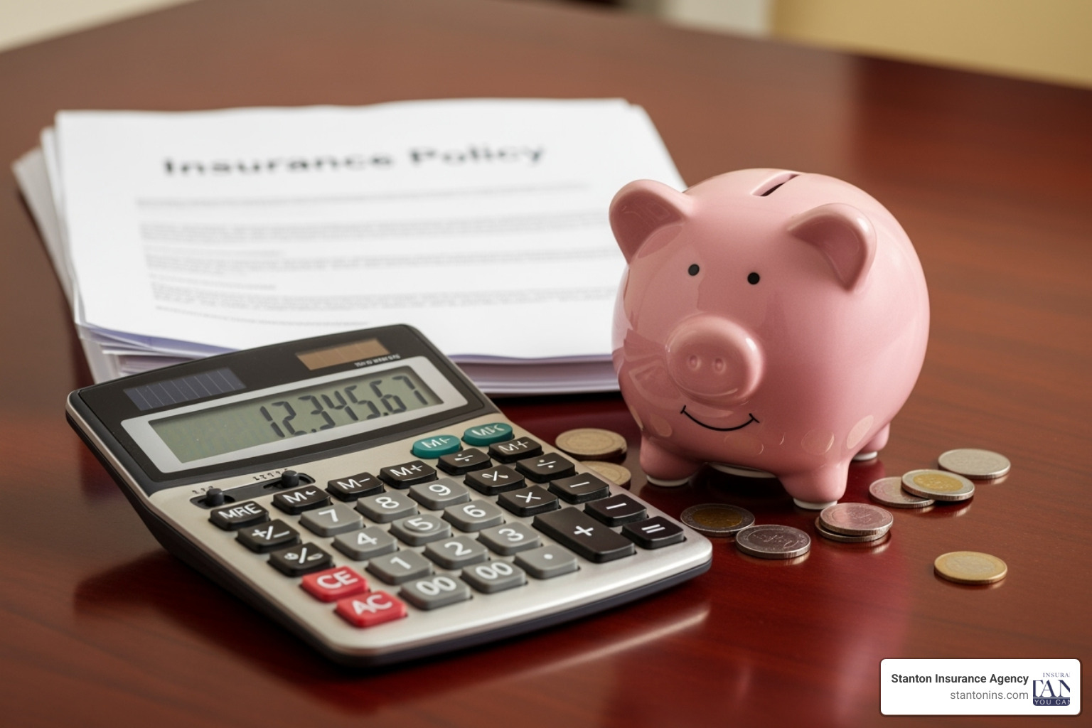 calculator and piggy bank with insurance policy - comprehensive business insurance