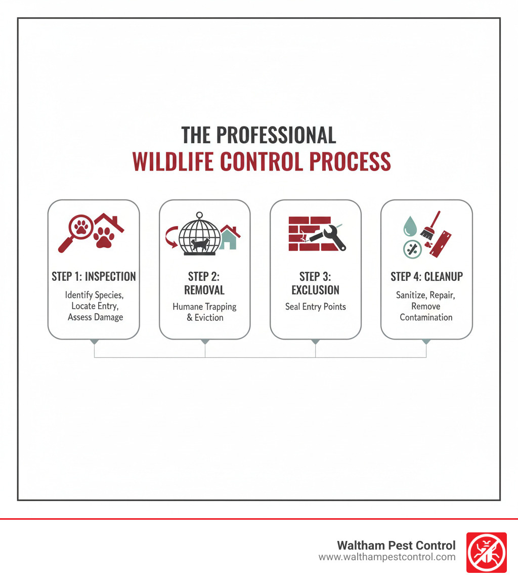The Professional Wildlife Control Process: Step 1 - Inspection (identify species, locate entry points, assess damage), Step 2 - Removal (humane trapping with live traps or one-way doors), Step 3 - Exclusion (seal entry points with durable materials), Step 4 - Cleanup (sanitize areas, repair damage, remove contamination) - wildlife trapping and removal infographic 