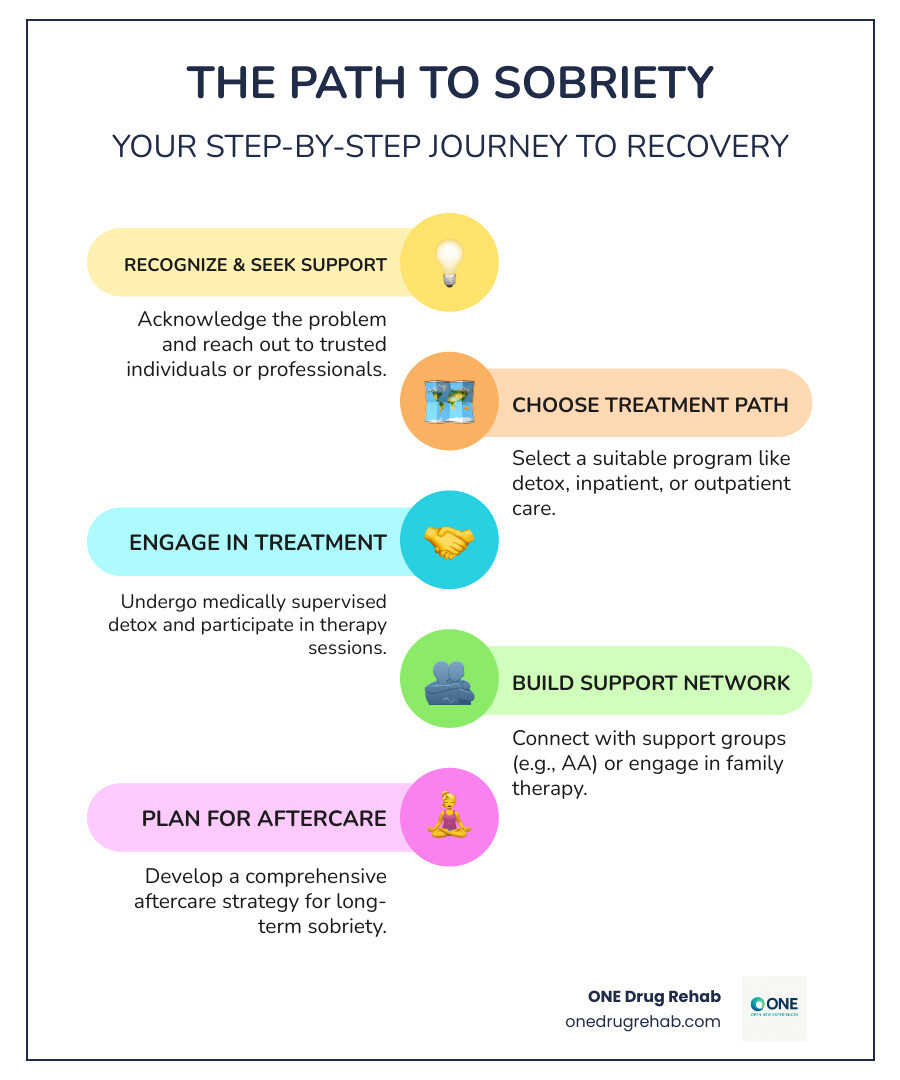 Infographic showing the path to sobriety: Step 1 - Recognize the need for change and admit the problem; Step 2 - Reach out to trusted people or professionals for support; Step 3 - Choose a treatment program that fits your needs (detox, inpatient, outpatient, or support groups); Step 4 - Complete withdrawal with medical support if needed; Step 5 - Participate in therapy and personalized treatment; Step 6 - Build a support network through groups like AA or family therapy; Step 7 - Engage in aftercare programs for long-term recovery - getting sober help infographic infographic-line-5-steps-colors