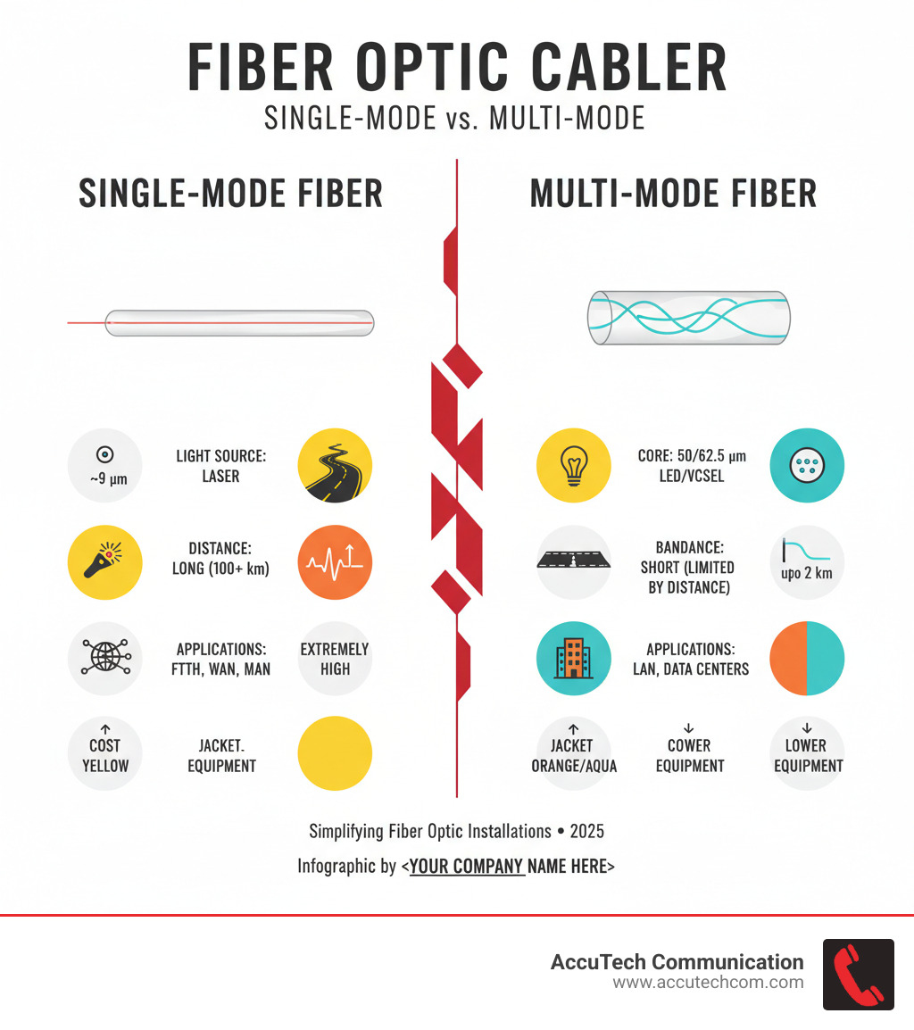 table comparing Single-Mode and Multi-Mode Fiber - fiber optic installations infographic 