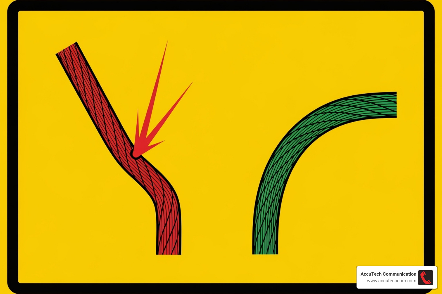 warning sign illustrating the minimum bend radius of a fiber optic cable - fiber optic installations