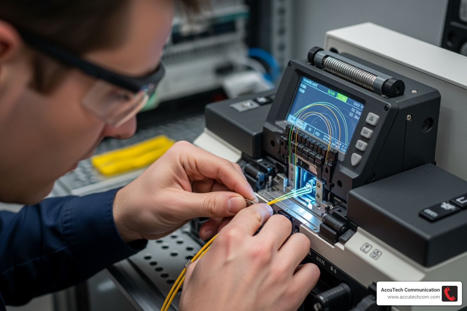 technician performing a fusion splice on a fiber optic cable - fiber optic installations