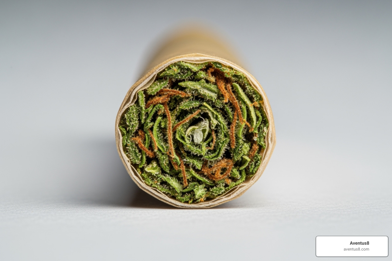 High-quality Aventus8 pre-roll cut open to show fresh green flower material - THC pre-rolls online High-quality Aventus8 pre-roll cut open to show fresh green flower material - THC pre-rolls online