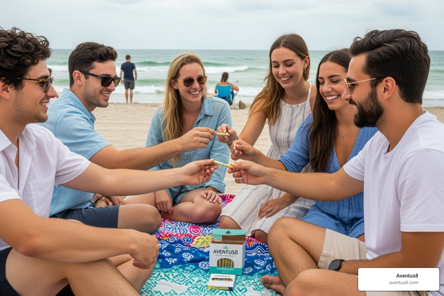 Friends sharing Aventus8 pre-rolls on Hollywood Beach - THC pre-rolls online Friends sharing Aventus8 pre-rolls on Hollywood Beach - THC pre-rolls online