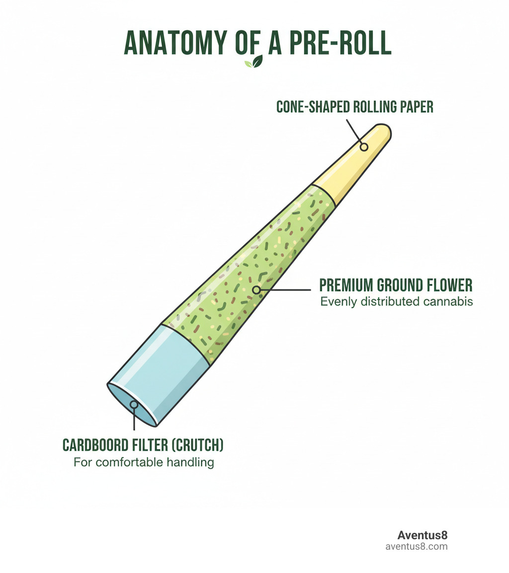 Infographic showing the anatomy of a THC pre-roll with three labeled components: a cone-shaped rolling paper filled with ground cannabis flower, a cardboard filter or crutch at the base for comfortable handling, and premium ground flower material distributed evenly throughout the cone - THC pre-rolls online infographic Infographic showing the anatomy of a THC pre-roll with three labeled components: a cone-shaped rolling paper filled with ground cannabis flower, a cardboard filter or crutch at the base for comfortable handling, and premium ground flower material distributed evenly throughout the cone - THC pre-rolls online infographic
