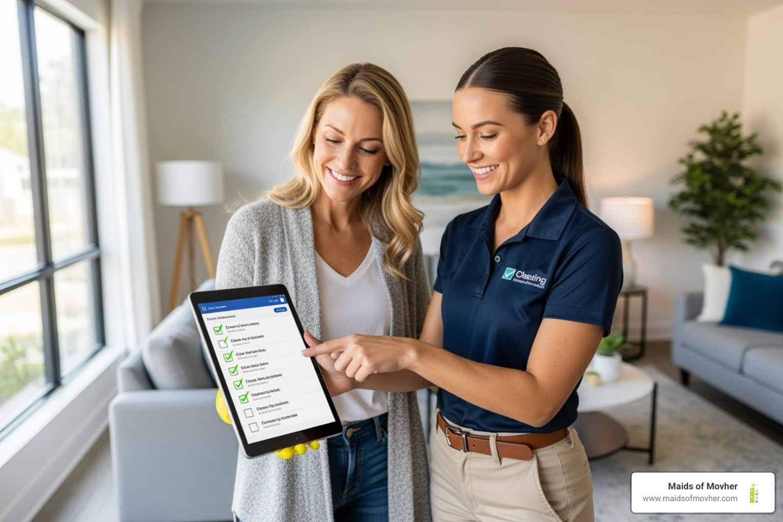 A customer and a cleaner reviewing a checklist on a tablet, symbolizing open communication and service customization - service-oriented cleaning company washington A customer and a cleaner reviewing a checklist on a tablet, symbolizing open communication and service customization - service-oriented cleaning company washington
