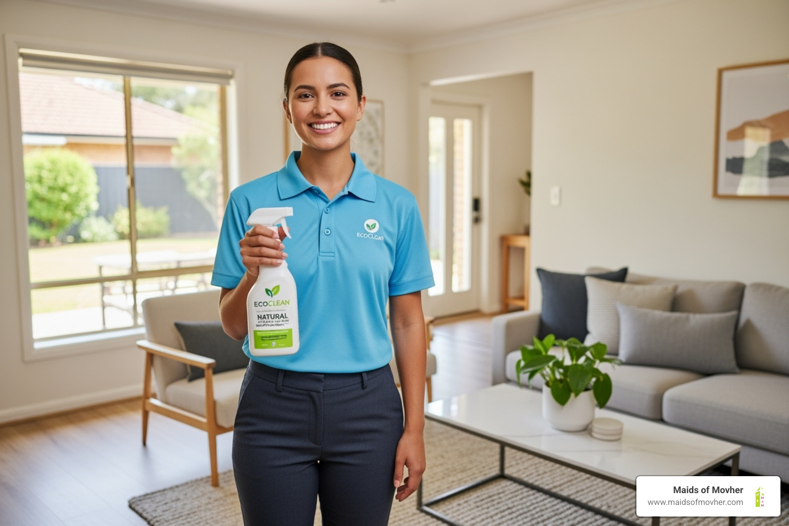 A uniformed cleaning professional smiling while using an eco-friendly product in a home - service-oriented cleaning company washington A uniformed cleaning professional smiling while using an eco-friendly product in a home - service-oriented cleaning company washington