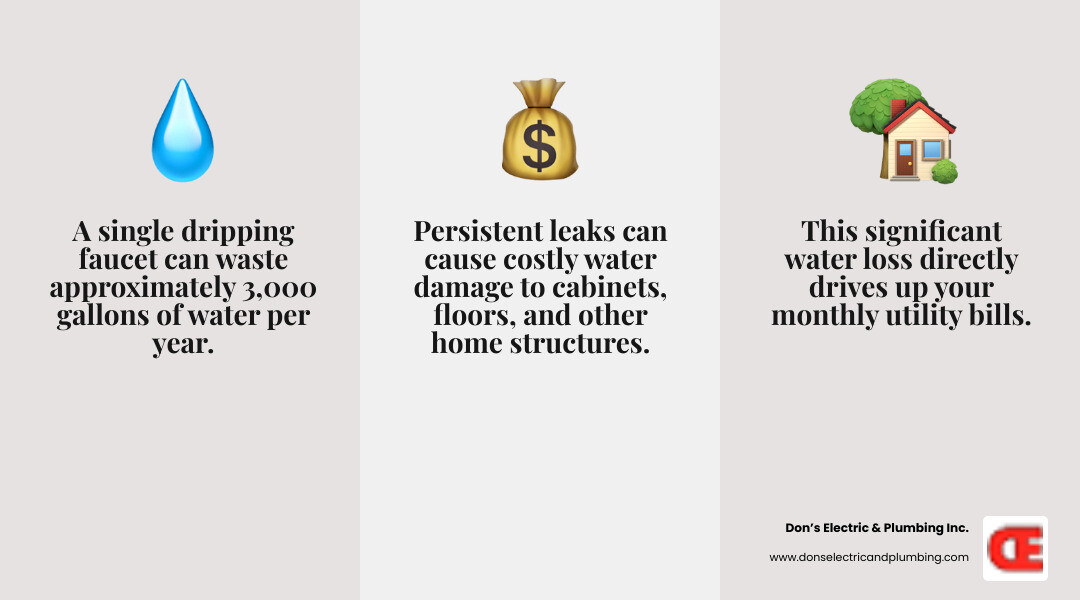 Infographic showing that a single dripping faucet at one drip per second wastes approximately 3,000 gallons of water per year, with visual comparison to hundreds of water bottles and dollar signs representing increased utility costs - leaky faucet repair canajoharie infographic 3_facts_emoji_grey