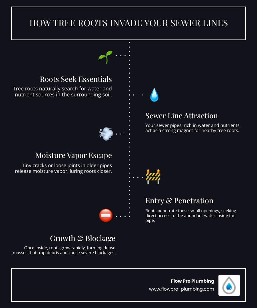 infographic explaining how tree roots find and invade sewer lines - sewer root removal infographic infographic-line-5-steps-dark infographic explaining how tree roots find and invade sewer lines - sewer root removal infographic infographic-line-5-steps-dark
