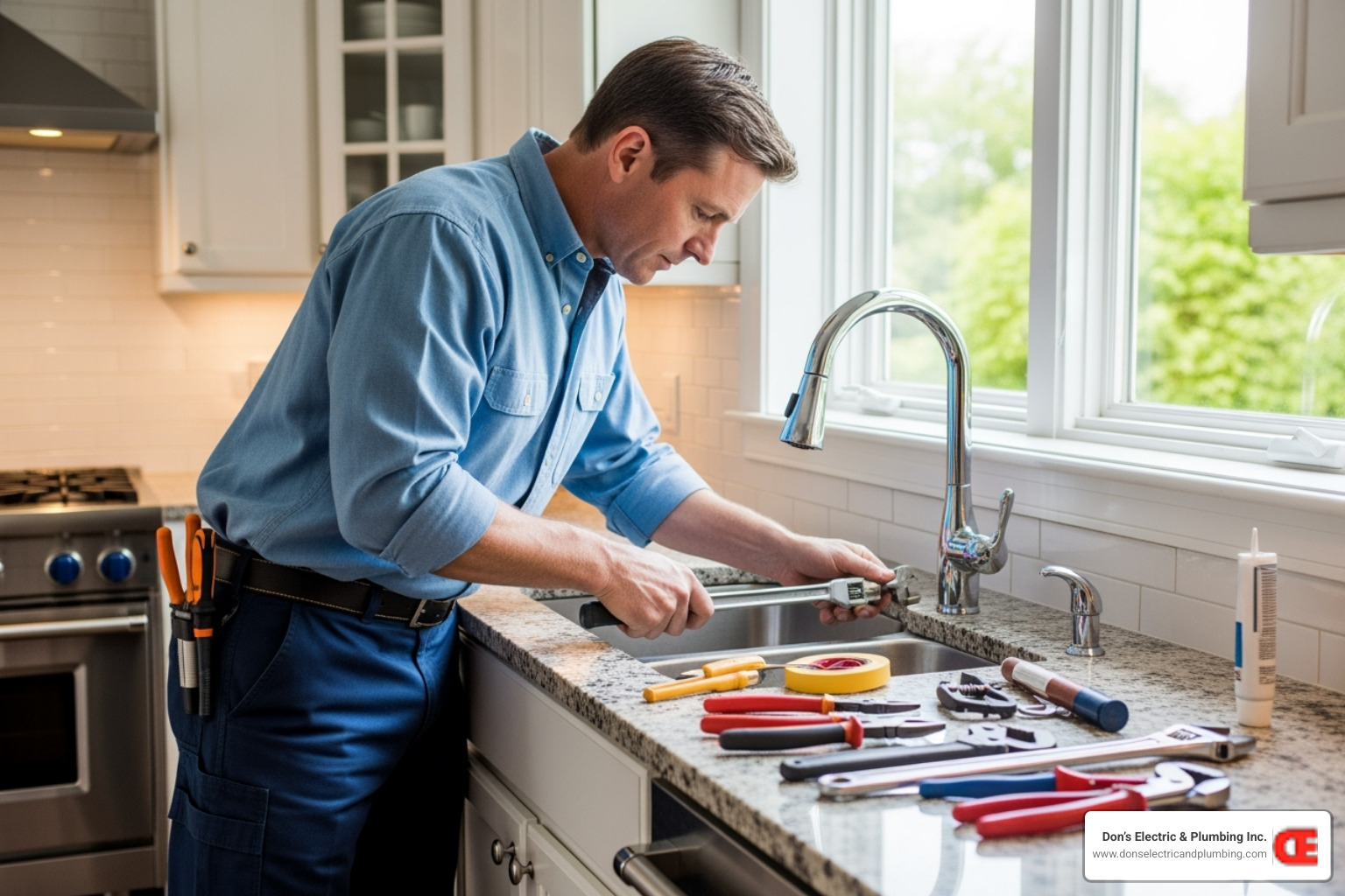 a professional plumber neatly finishing a faucet repair - leaky faucet repair canajoharie