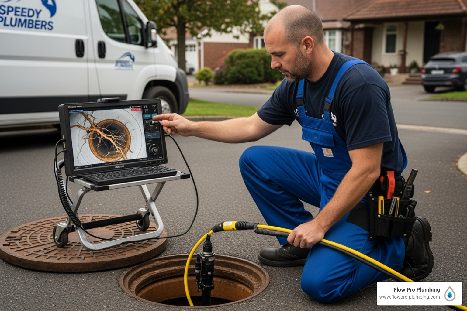 plumber using a sewer camera during inspection - sewer root removal plumber using a sewer camera during inspection - sewer root removal