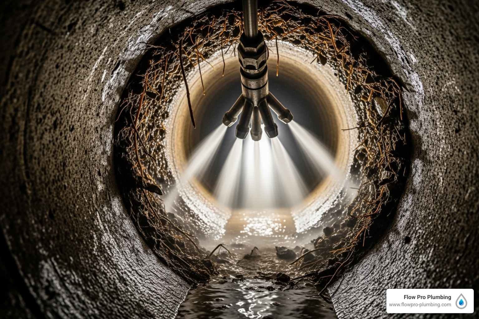 hydro-jetting nozzle cleaning a sewer pipe - sewer root removal hydro-jetting nozzle cleaning a sewer pipe - sewer root removal