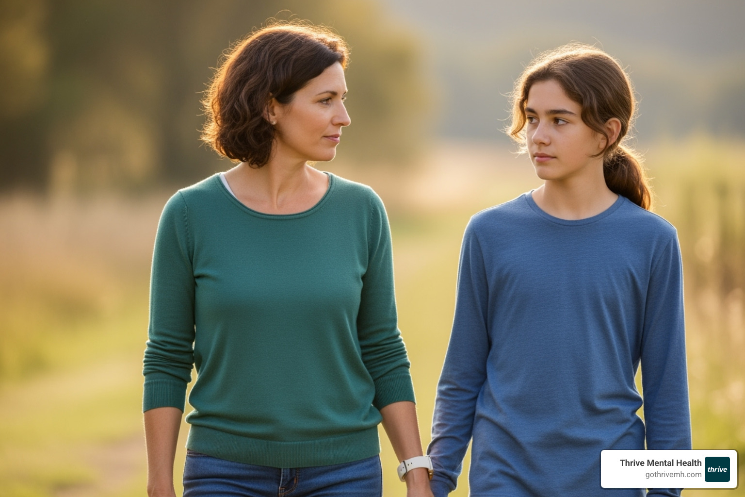 Parent and teen connecting on a walk, discussing anxiety therapy for teens - anxiety therapy for teens