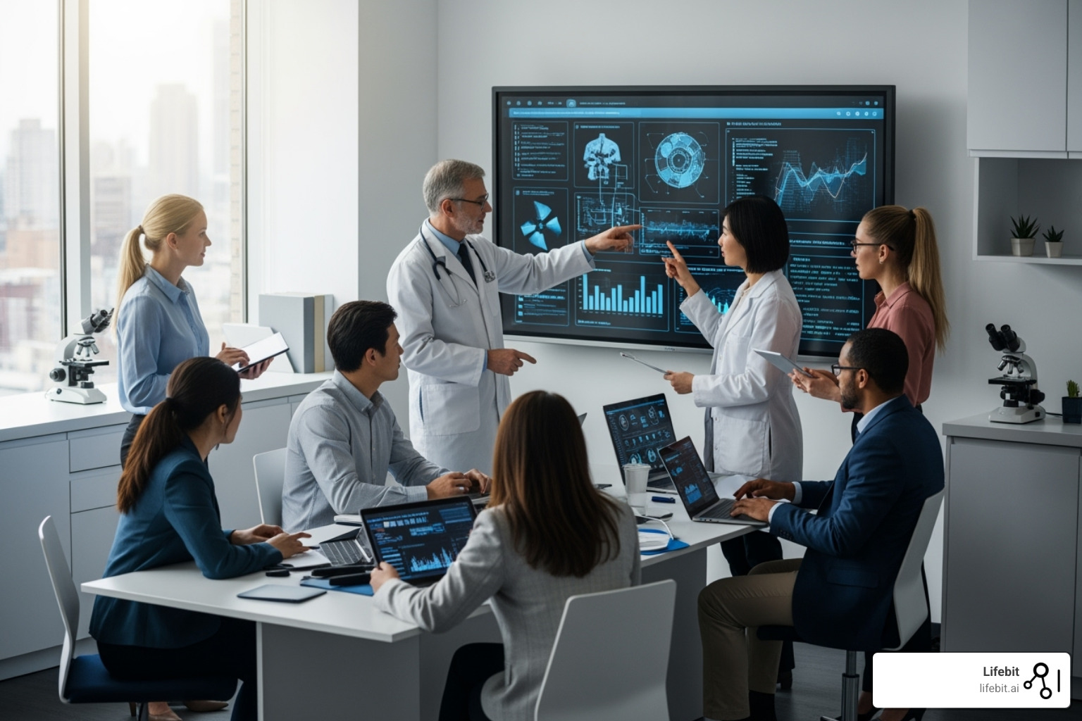 diverse team of doctors and data scientists collaborating - AI powered diagnostics