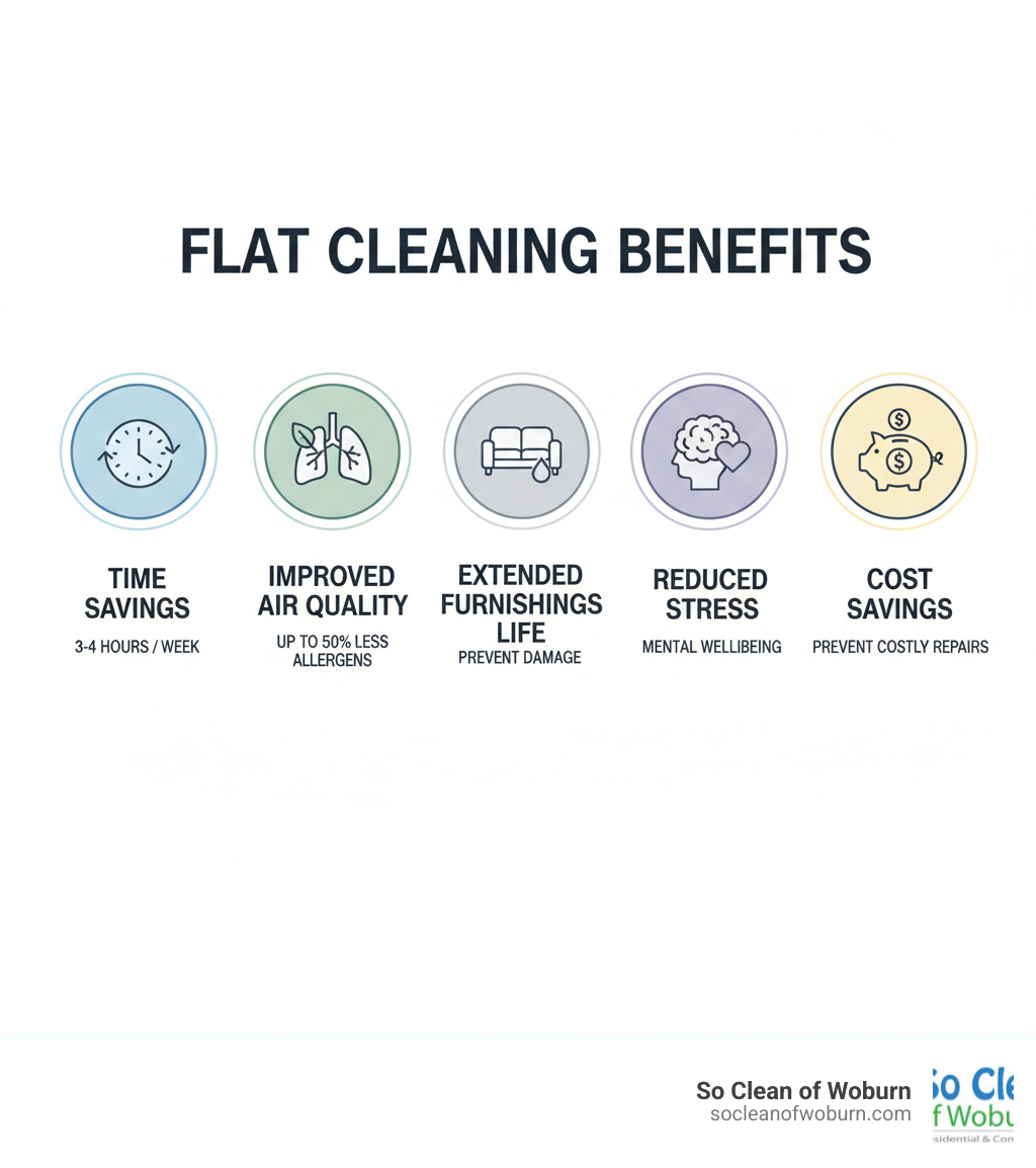 infographic showing benefits of professional flat cleaning services including time savings of 3-4 hours per week, improved indoor air quality with up to 50% reduction in allergens, extended lifespan of home furnishings, reduced stress and improved mental wellbeing, and cost savings from preventing damage to surfaces - flat cleaning services infographic 