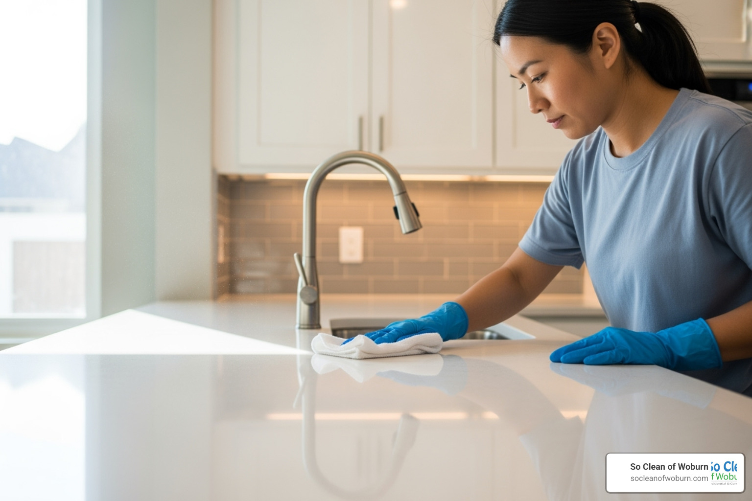 professional cleaner wiping kitchen countertop - flat cleaning services