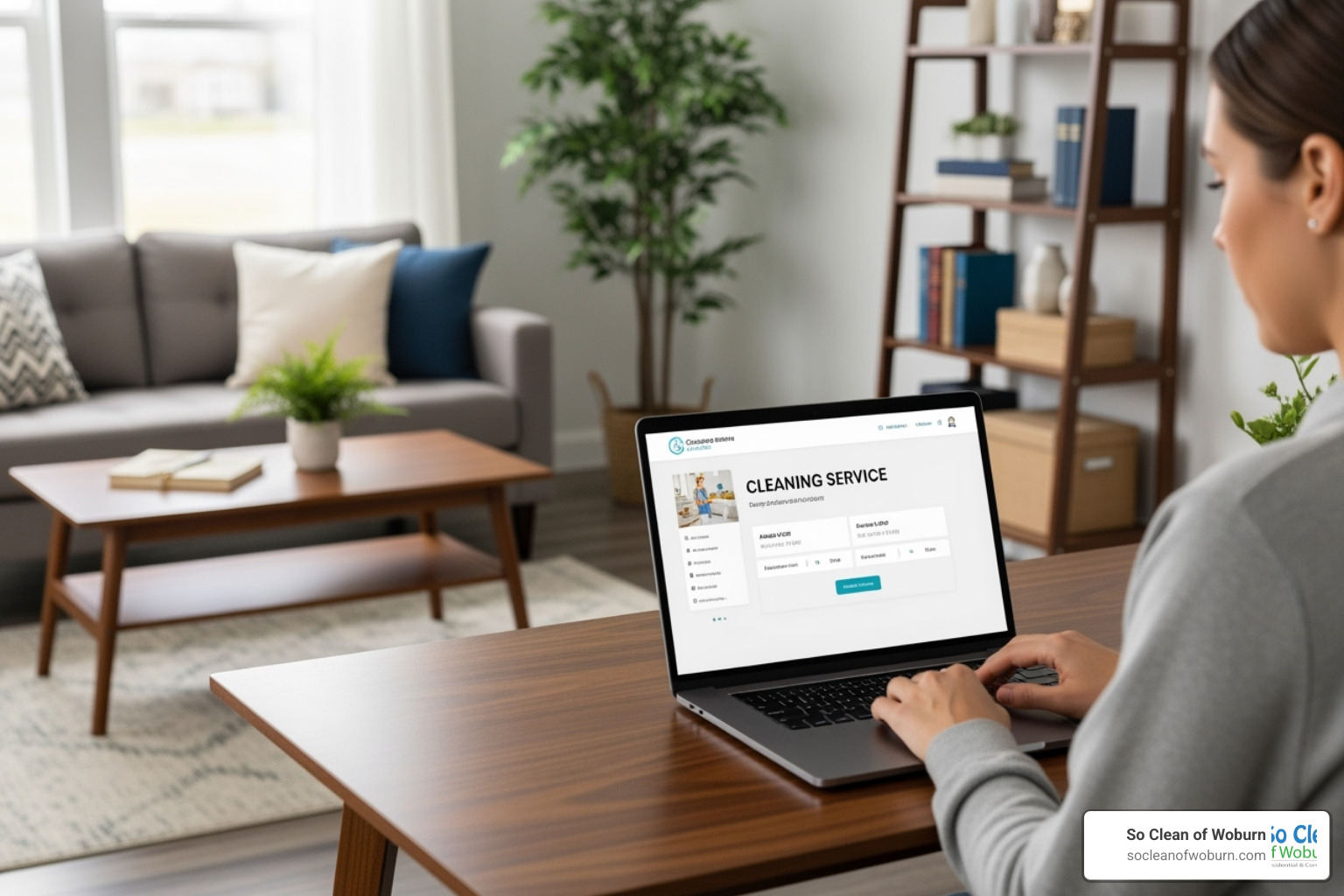 person using laptop to book cleaning service - flat cleaning services