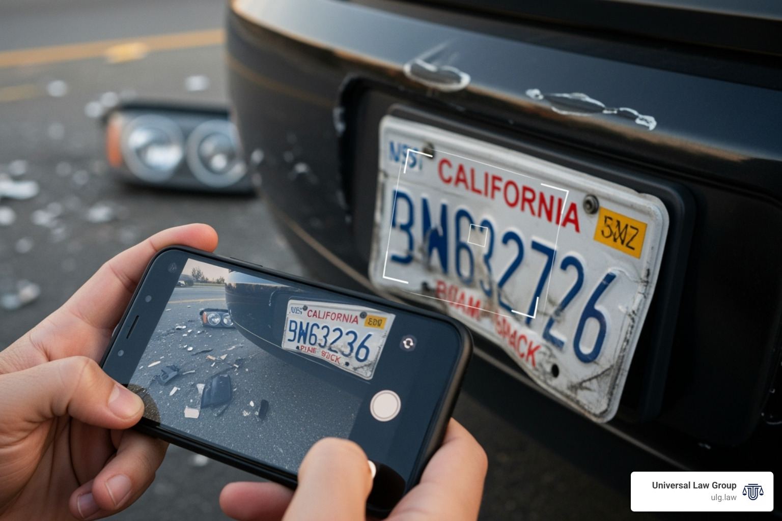 Driver taking a photo of a license plate and insurance card with their smartphone - houston police department accident report