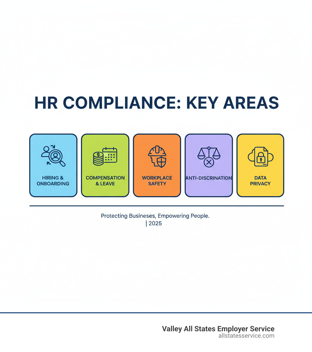 infographic showing key areas of HR compliance including hiring and onboarding, compensation and leave, workplace safety, anti-discrimination, and data privacy with icons for each area - HR compliance for businesses infographic 