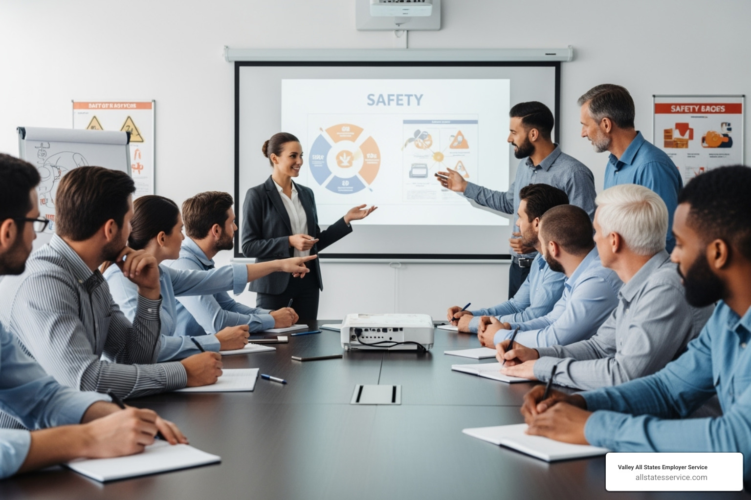 image of a diverse group of employees participating in a safety training session - HR compliance for businesses