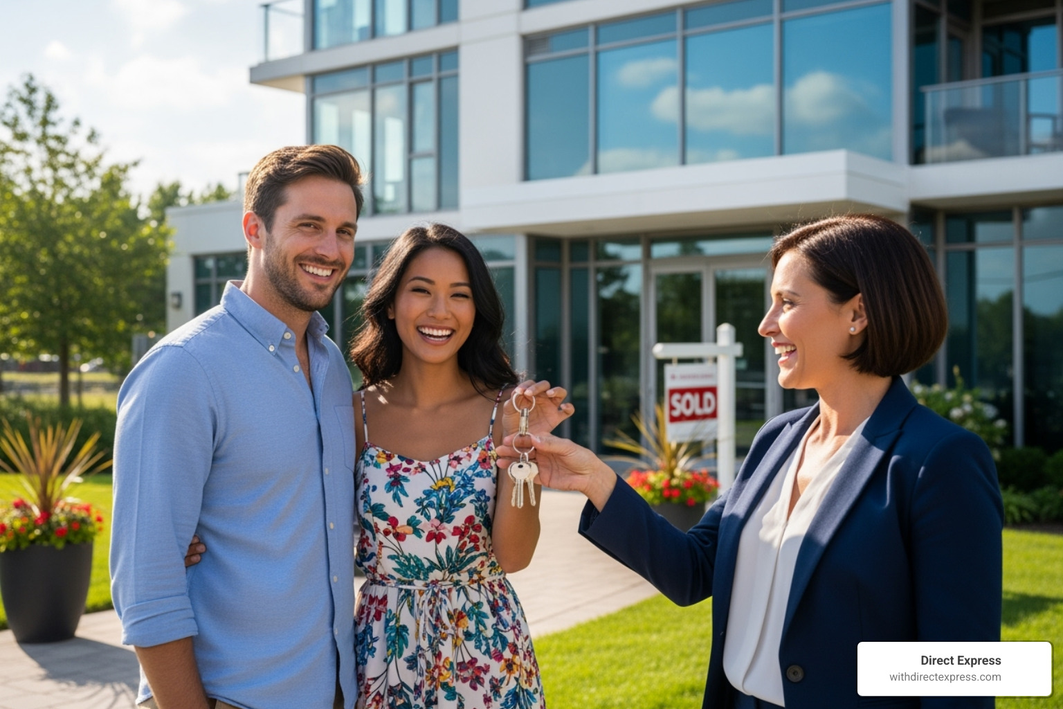 couple happily receiving keys to their new condo - rocky point tampa condos for sale