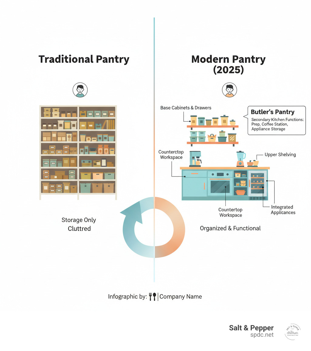 infographic showing pantry evolution from traditional floor-to-ceiling shelves to modern design with base cabinets, countertop workspace, upper shelving, and integrated appliances, with labels for butler's pantry features and secondary kitchen functions - Pantry design ideas infographic 