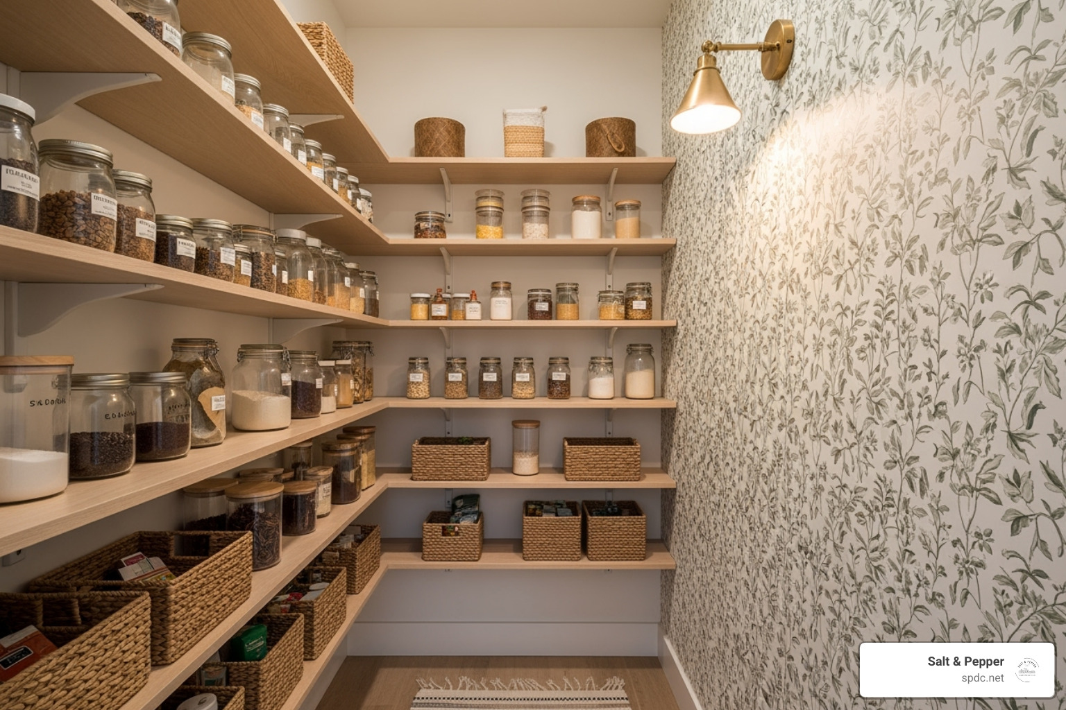 small but stylish pantry utilizing vertical space with narrow shelves and an accent wallpaper - Pantry design ideas
