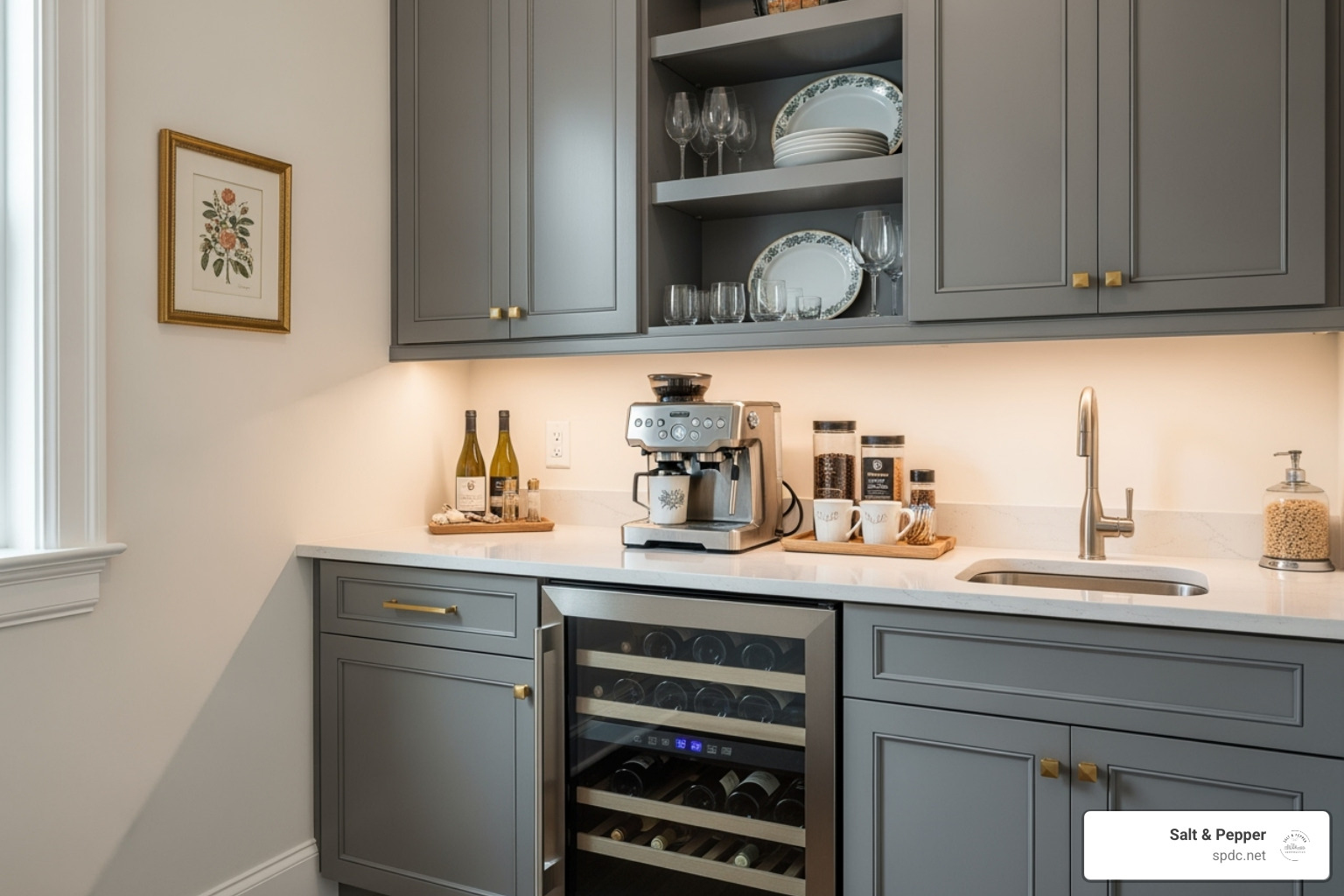 butler's pantry featuring a wine fridge, coffee maker, and small sink - Pantry design ideas
