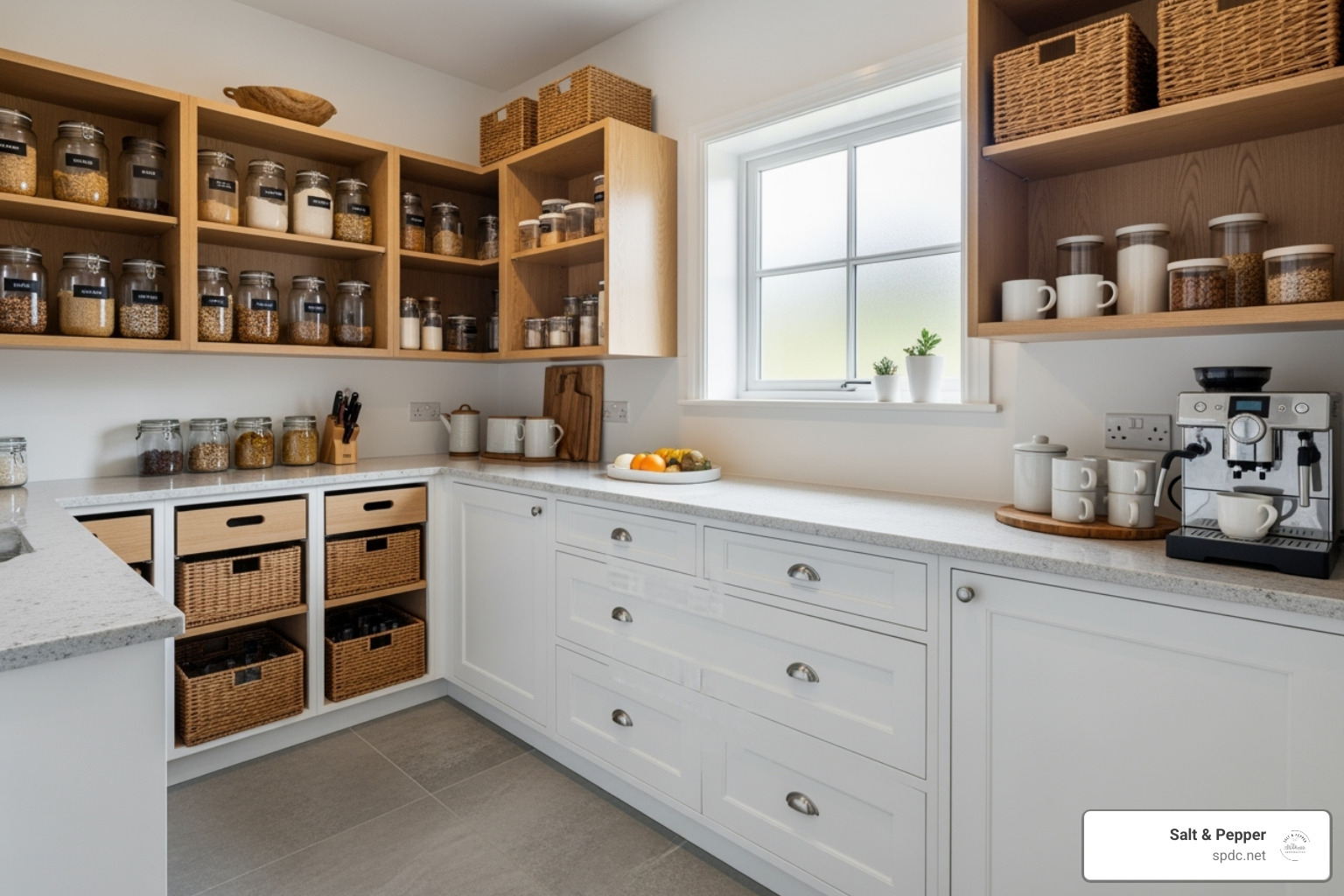 pantry layout showing a mix of open shelving, base cabinets with a countertop, and drawers - Pantry design ideas