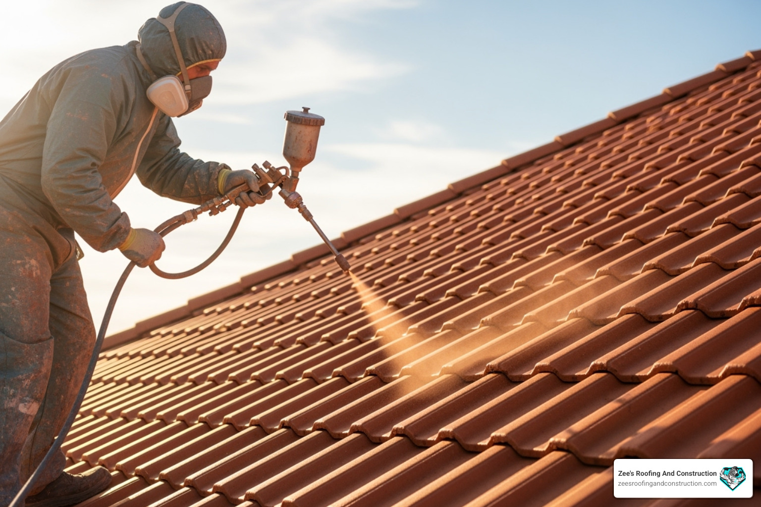 A professional painter applying a coat of paint to a tile roof using spray equipment - apopka roof painting