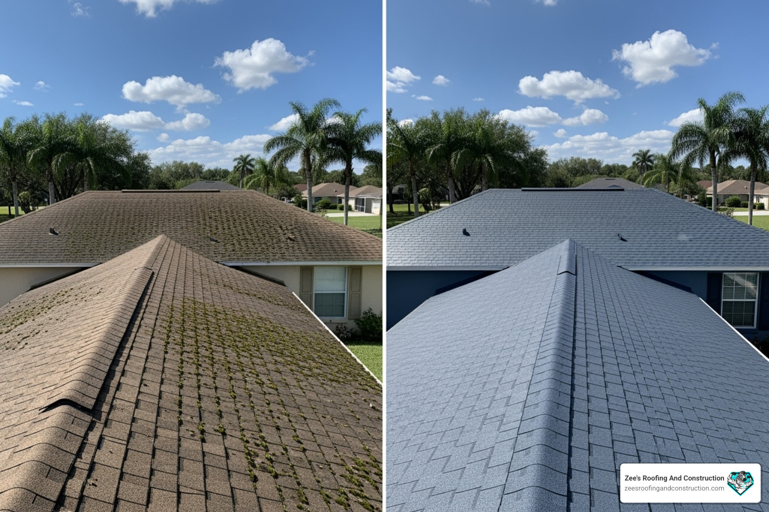 Side-by-side comparison of a worn roof and a newly painted roof, highlighting the aesthetic and protective improvement - apopka roof painting