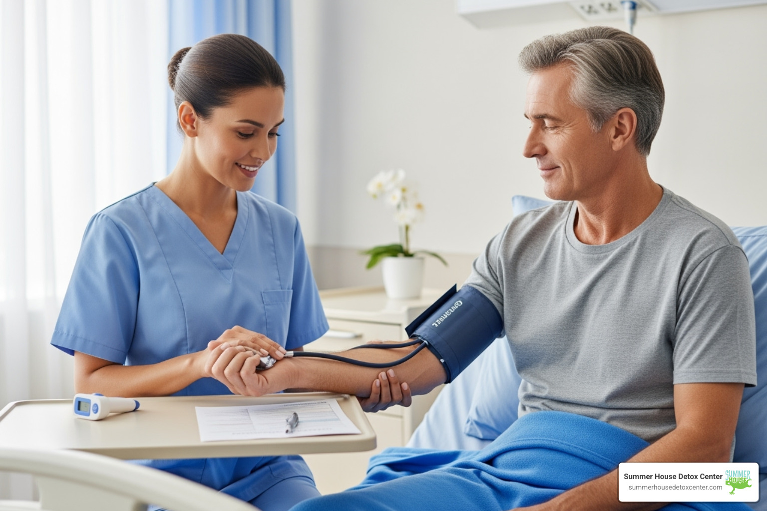 A nurse compassionately taking a patient's vital signs - how to manage alcohol withdrawal in hospital