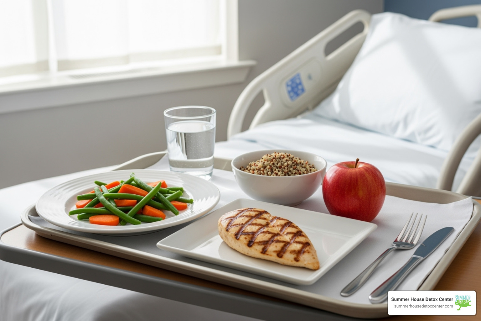 A nutritious meal on a tray in a patient room - how to manage alcohol withdrawal in hospital