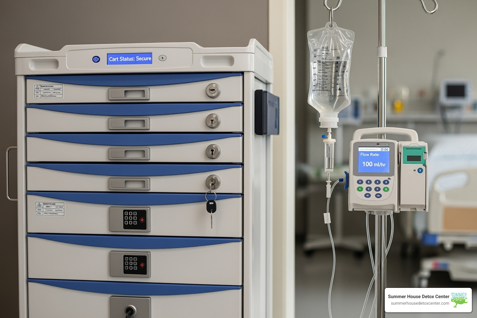 A secure medication cart or IV bag setup - how to manage alcohol withdrawal in hospital