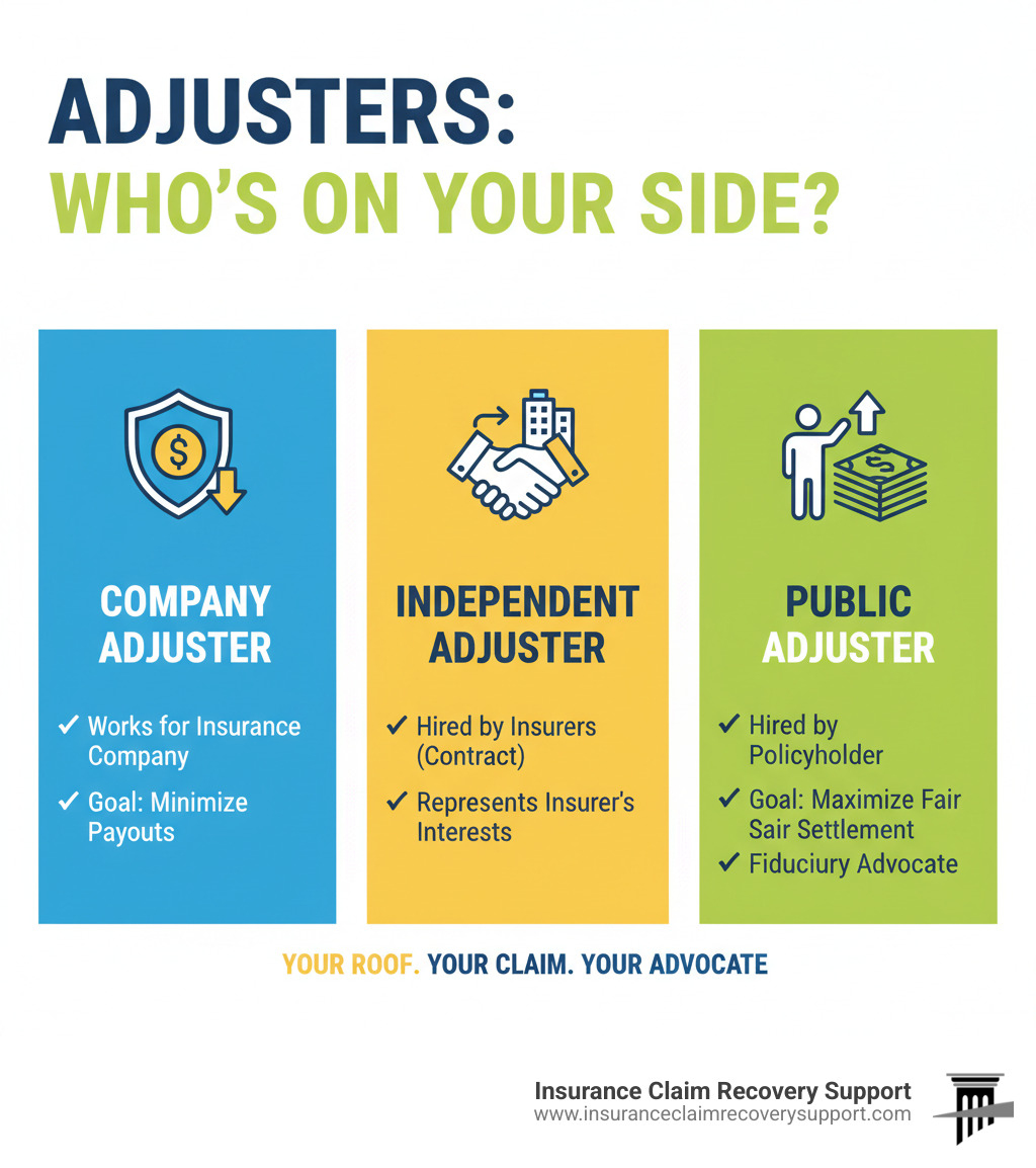 Infographic showing the key differences between company adjusters, independent adjusters, and public adjusters: Company adjusters work for insurance companies and aim to minimize payouts; Independent adjusters are hired by insurance companies on a contract basis and also represent the insurer's interests; Public adjusters are licensed professionals hired by policyholders, working exclusively to maximize fair settlements and serving as the policyholder's fiduciary advocate throughout the claims process - public adjuster roofing infographic 