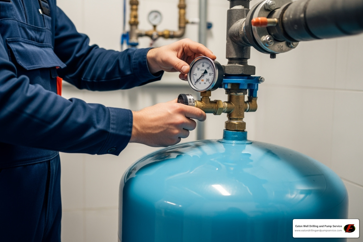 technician checking the pressure gauge on a pressure tank - jet pump repair